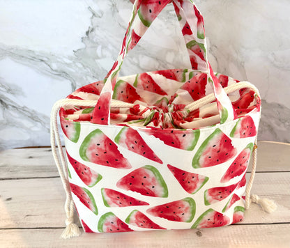 Handmade Cotton Project Bag for Knitting, Crochet, Yarn and other Crafts - Watermelon Drawstring Bag Large