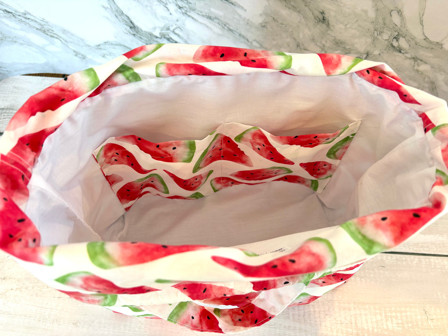 Handmade Cotton Project Bag for Knitting, Crochet, Yarn and other Crafts - Watermelon Drawstring Bag Large