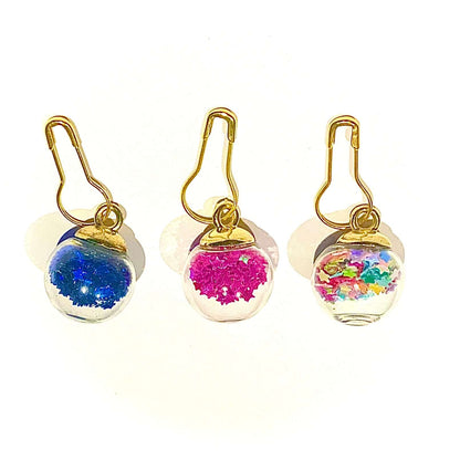 Glass Ball filled with Star Glitter stitch markers - Set of 3
